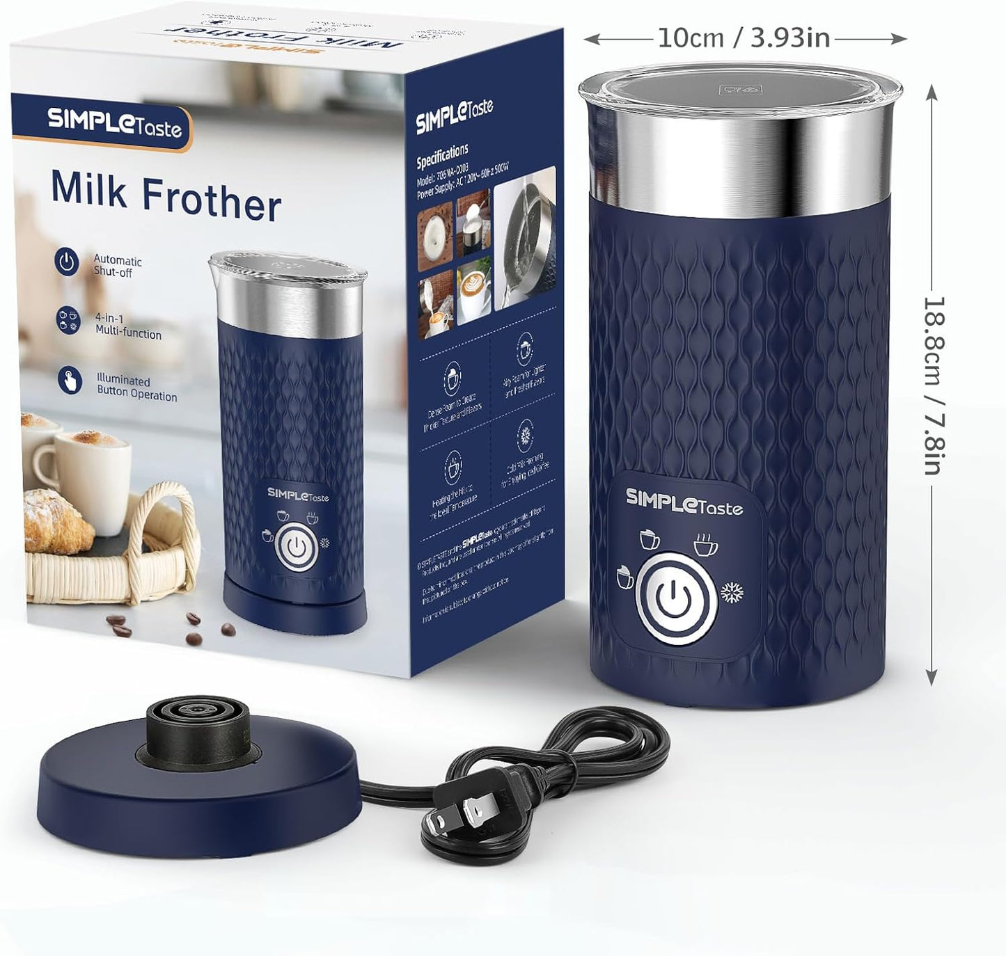 SIMPLETASTE Milk Frother, 4-in-1 Electric Milk Steamer, Automatic Warm and Cold Foam Maker and Milk Warmer for Latte, Cappuccinos, Macchiato