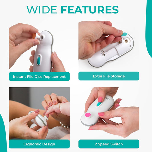 bblüv - Trimö - Electric Nail Clippers for Newborn Baby up to Toddler (0 to 12 Months+) - 2 Speed Switch, Gentle and Quiet Fingernail and Toenail Clippers - Carrying Case Included - PuriLite