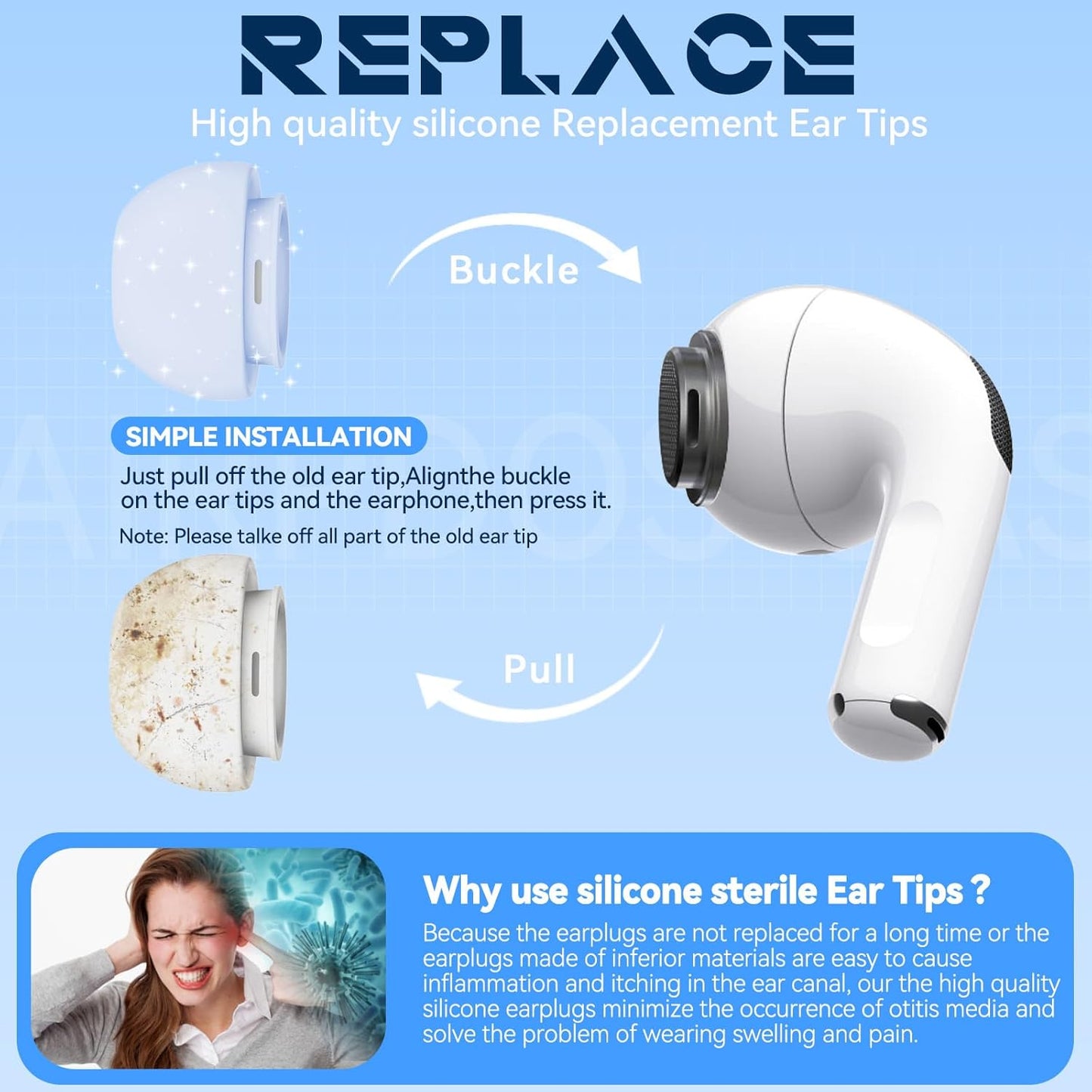 4 Pairs Replacement Ear Tips for AirPods Pro 2nd/1st Generation with Portable Storage Box & Cleaner Pen,Noise Reduction Holewith & Built-in dust Guard Screen,Silicone Ear Tips for AirPods Pro (White)