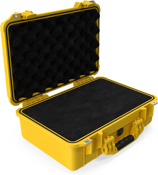 MEIJIA Portable All Weather Waterproof Protective Case,Hard Case,Camera Case with Customized Fit Foam,Fit Use of Drones,Camera,Equipments,Pistols,13.35 x11.63x5.98inches (Yellow)