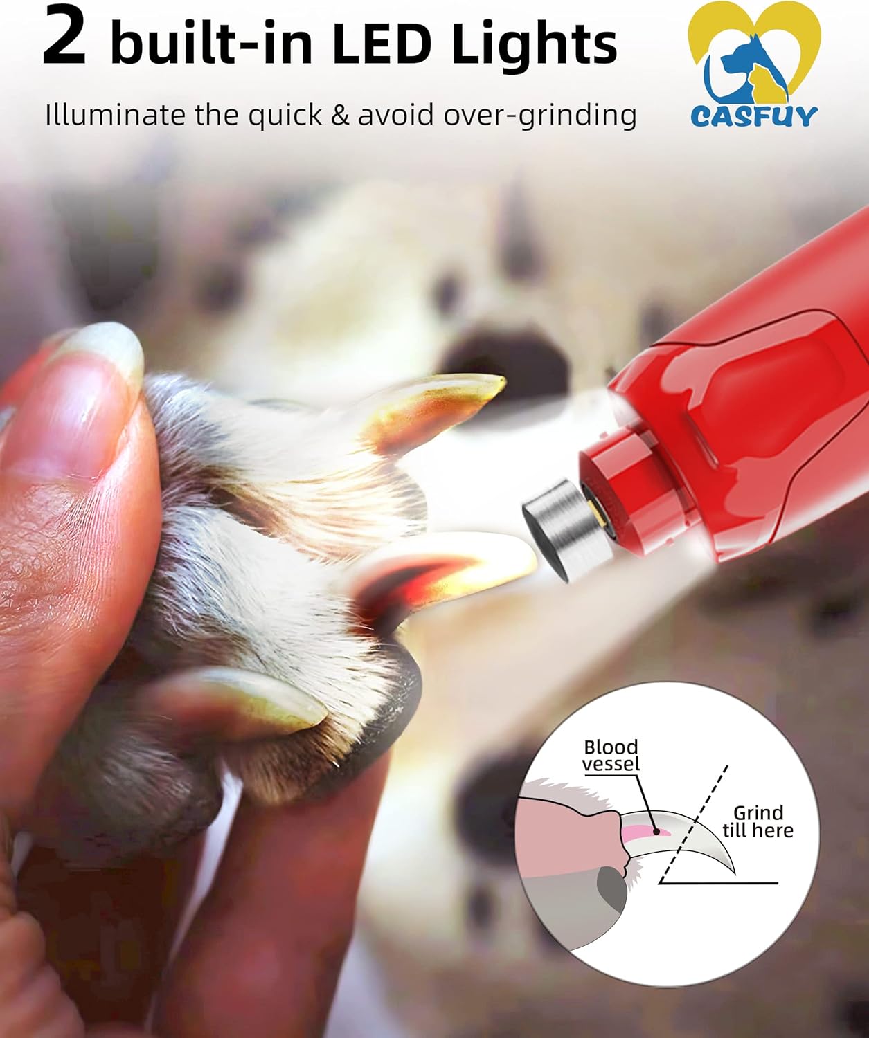 Casfuy Dog Nail Grinder Quiet - (45db)6-Speed Pet Nail Grinder with 2 LED Lights for Large Medium Small Puppy Dogs/Cats, Professional 3 Ports Rechargeable Electric Dog Nail Trimmer with Dust Cap(Blue)