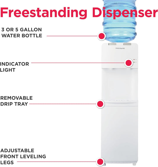 Frigidaire EFWC498, Top Load Hot & Cold Water Cooler Dispenser for Home, Garage, Dorm, RV & Cottage, 3 and 5 Gallon Bottles, 11" D x 11.5" W x 36" H, White