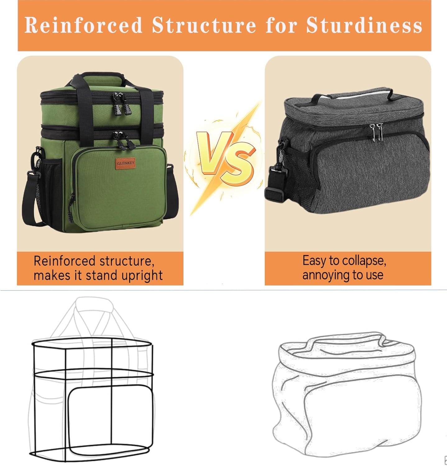Expandable Large Lunch Bag, Double Deck Insulated Lunch Box Leakproof Durable Soft Cooler Bag for Men Women Adults Work Construction Beach Picnic Daytrip,16L,Black, GLENKEY