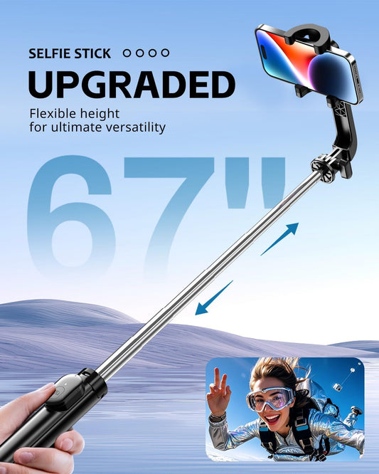 UBeesize 67" Selfie Stick Tripod - Extendable Travel Tripod with Wireless Remote Control and Phone Holder, Compatible with All Cell Phones, Ideal for Photography and Video, Black - PuriLite