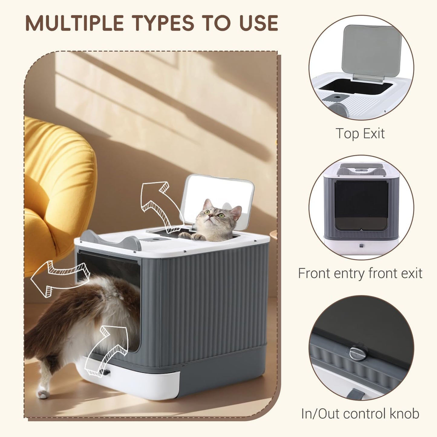 LCZLBRRD Fully Enclosed Cat Litter Box, Upgraded Covered Kitty Litter Boxes with Lid and Top Entry, Anti-Splashing Easy to Clean, 3 Modes Cat can Use from Kitten to Adult(White&Grey)