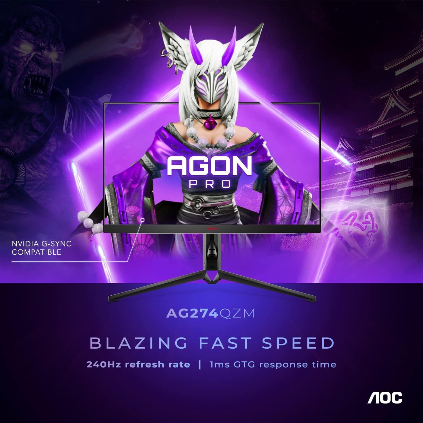 AOC Q27G3XMN 27" 2K QHD Gaming Monitor, 2560x1440, Mini LED, 180Hz, HDMI 2.0 x 1, DisplayPort 1.4 x1, Adaptive Sync, Xbox/PS5/Switch Ready, 3-Year Zero-Bright-dot