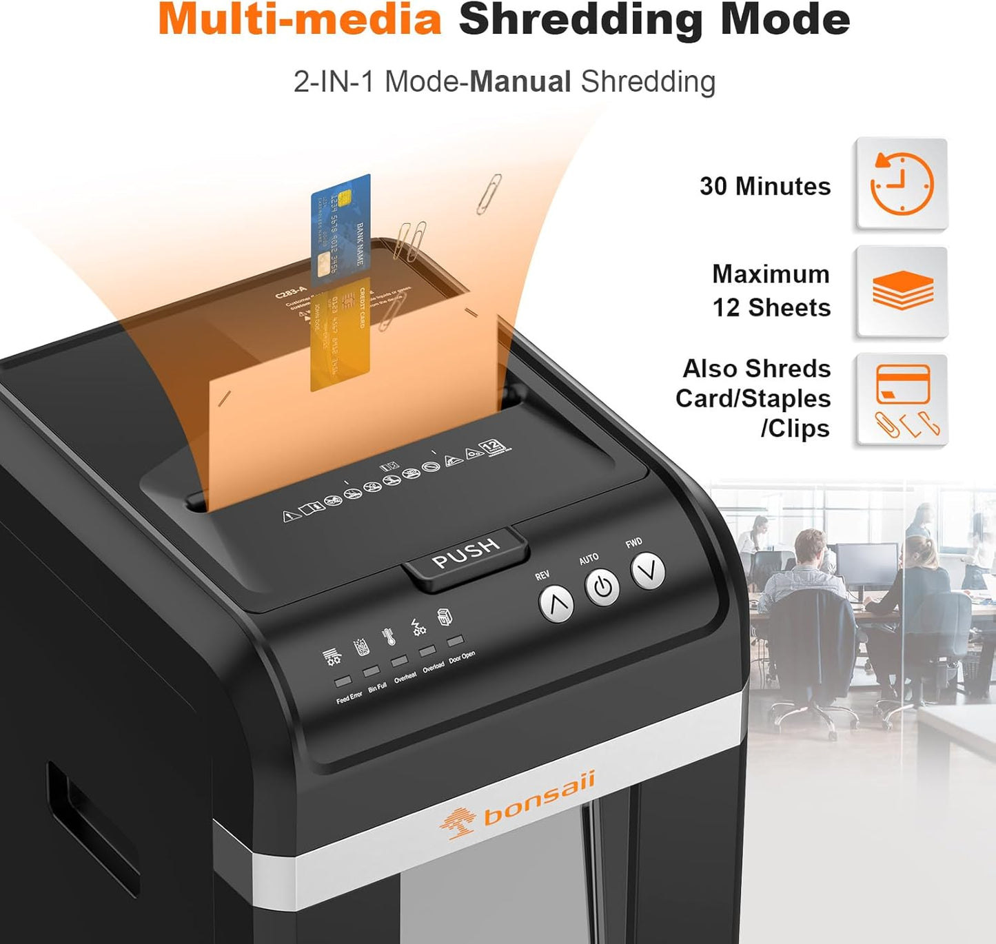 Bonsaii 200-Sheet Auto Feed Paper Shredder, 60 Minutes Nonstop Heavy Duty Shredders, 8.1 Gallon Large Bin Office Document Shredder, Micro-Cut/High Security P-4 Commercial Grade Shredder (C283-A)