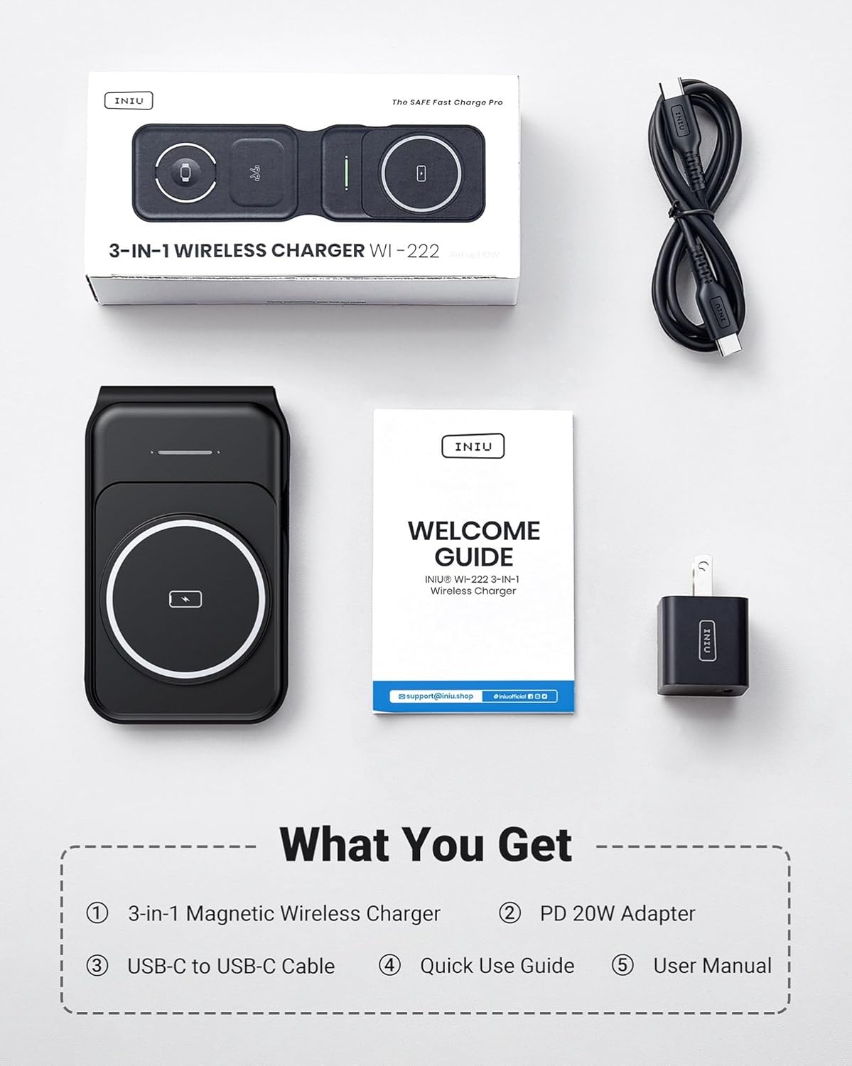 INIU 3 in 1 Wireless Charging Station, Qi2 Certified 15W Travel Charger for Apple Multiple Devices, Foldable Charger Stand for iPhone 16 15 14 13 12 Series Apple Watch AirPods (with Adapter)