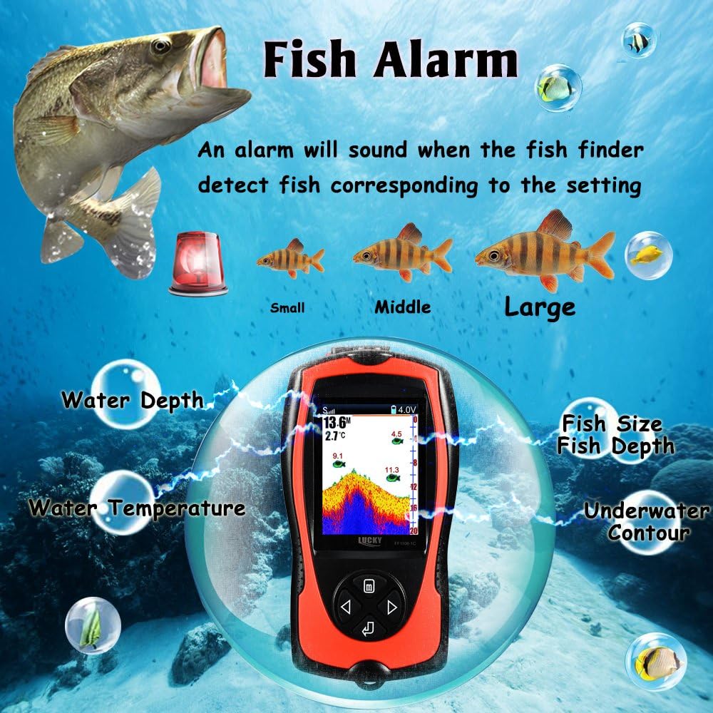 LUCKY Portable Fish Finder Wired Sonar Sensor Transducer 328 Feet Water Depth Finder LCD Screen for Kayak Fishing Ice Fishing Sea Fishing