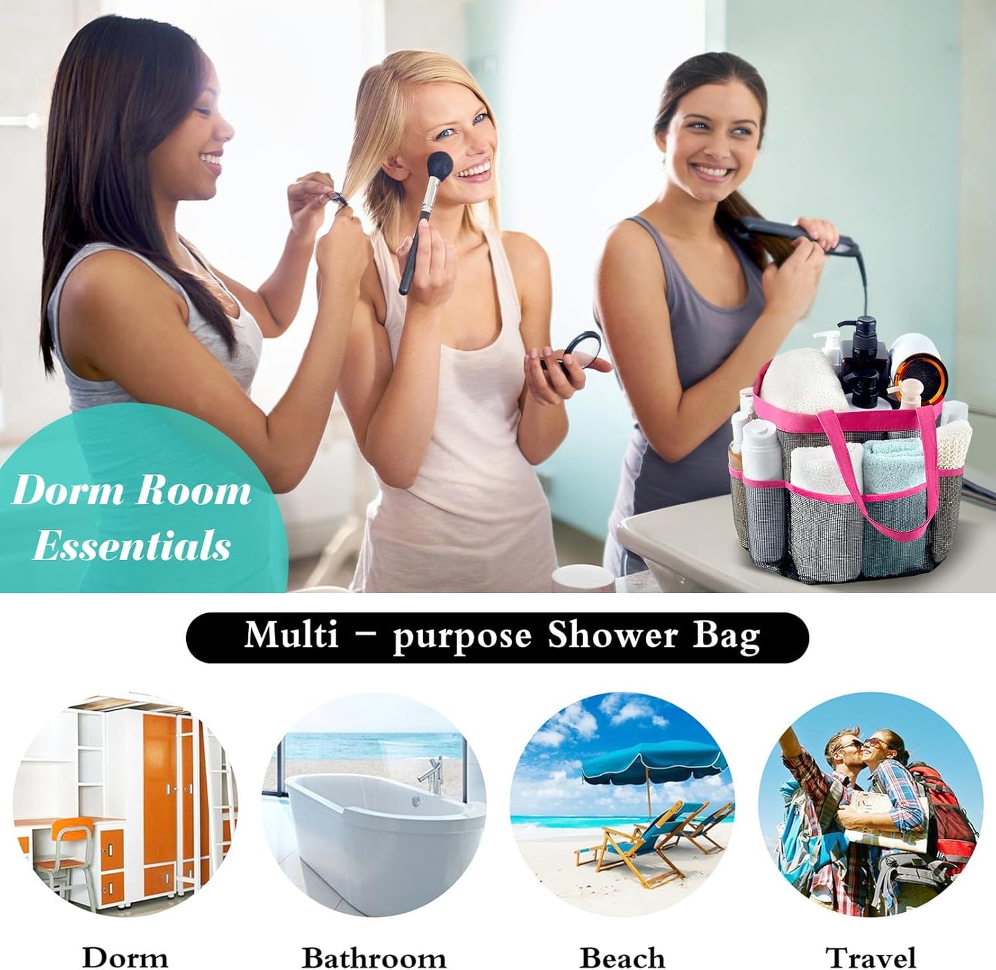 Attmu Mesh Shower Caddy Portable for College Dorm Room Essentials with 8 Pockets, Hanging Shower Caddy Basket Tote Bag Toiletry Accessories for Bathroom