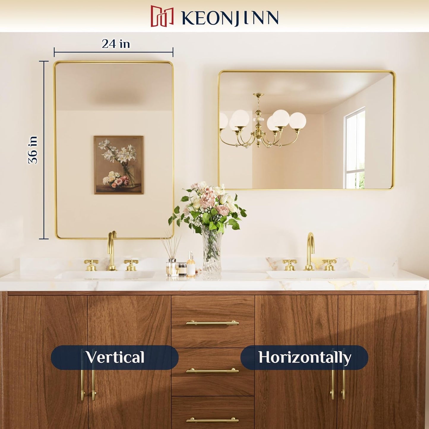 Keonjinn 42 x 36 Brushed Nickel Bathroom Vanity Mirror, Large Rounded Rectangle Bathroom Mirrors for over Sink, Metal Framed Silver Mirror for Wall, Shatterproof HD Tempered Glass(Horizontal/Vertical)
