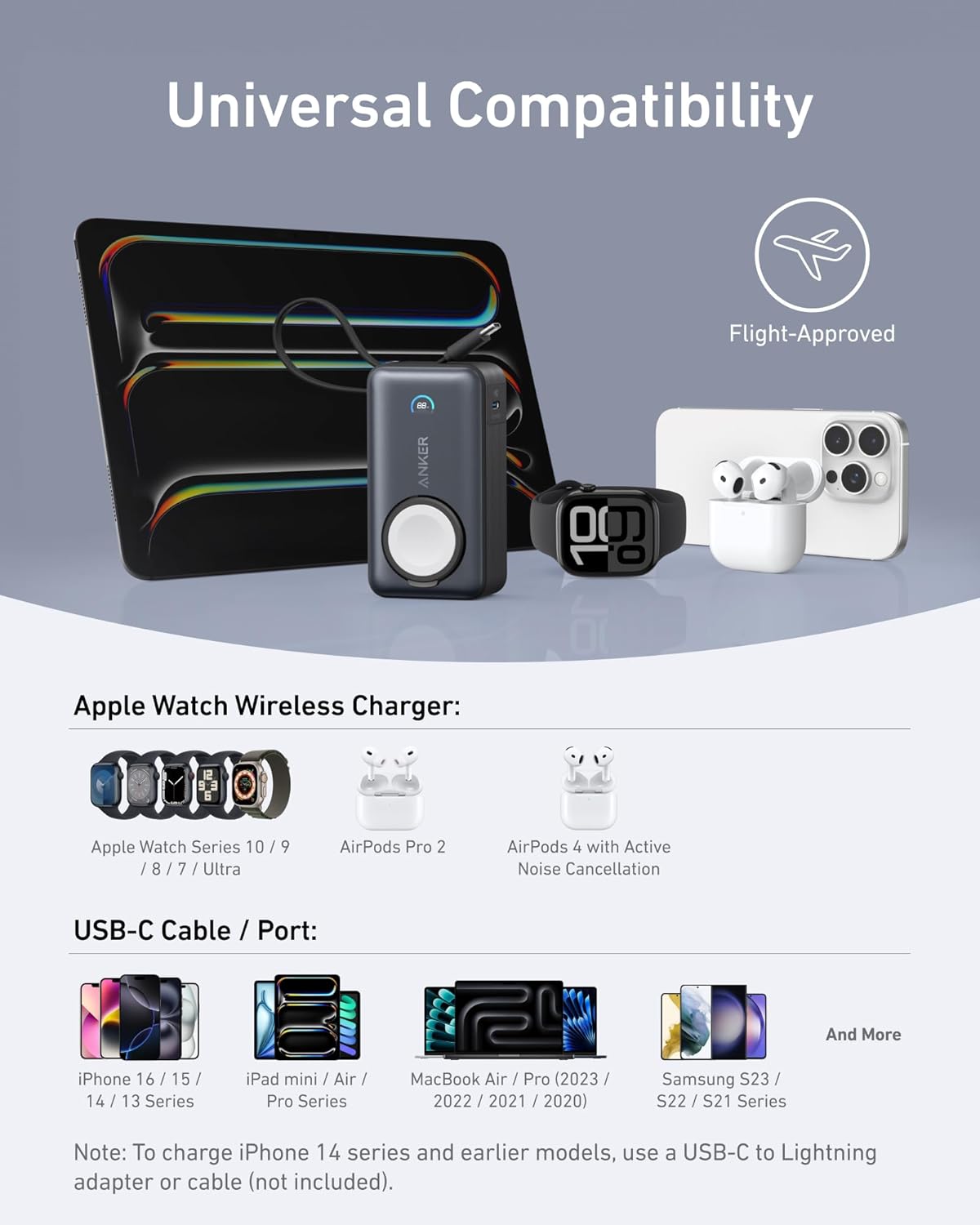 Anker MagGo Power Bank for Apple Watch, Officially Certified, 10,000 mAh Compact Battery Pack with Built-in USB-C Cable, 35 W Max, for iPhone 15 Series, Samsung, iPad, AirPods and More
