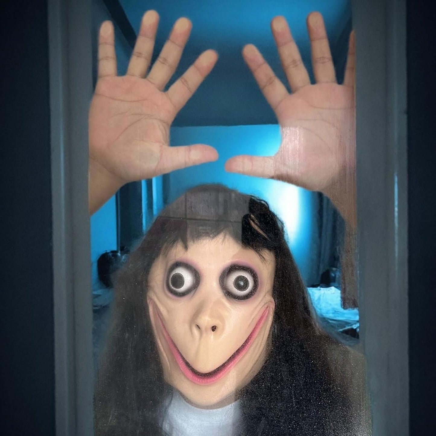 Scary Momo Mask with Long Black Wig - Latex Halloween Costume for Adults - Creepy Face Mask for Parties & Haunted Houses