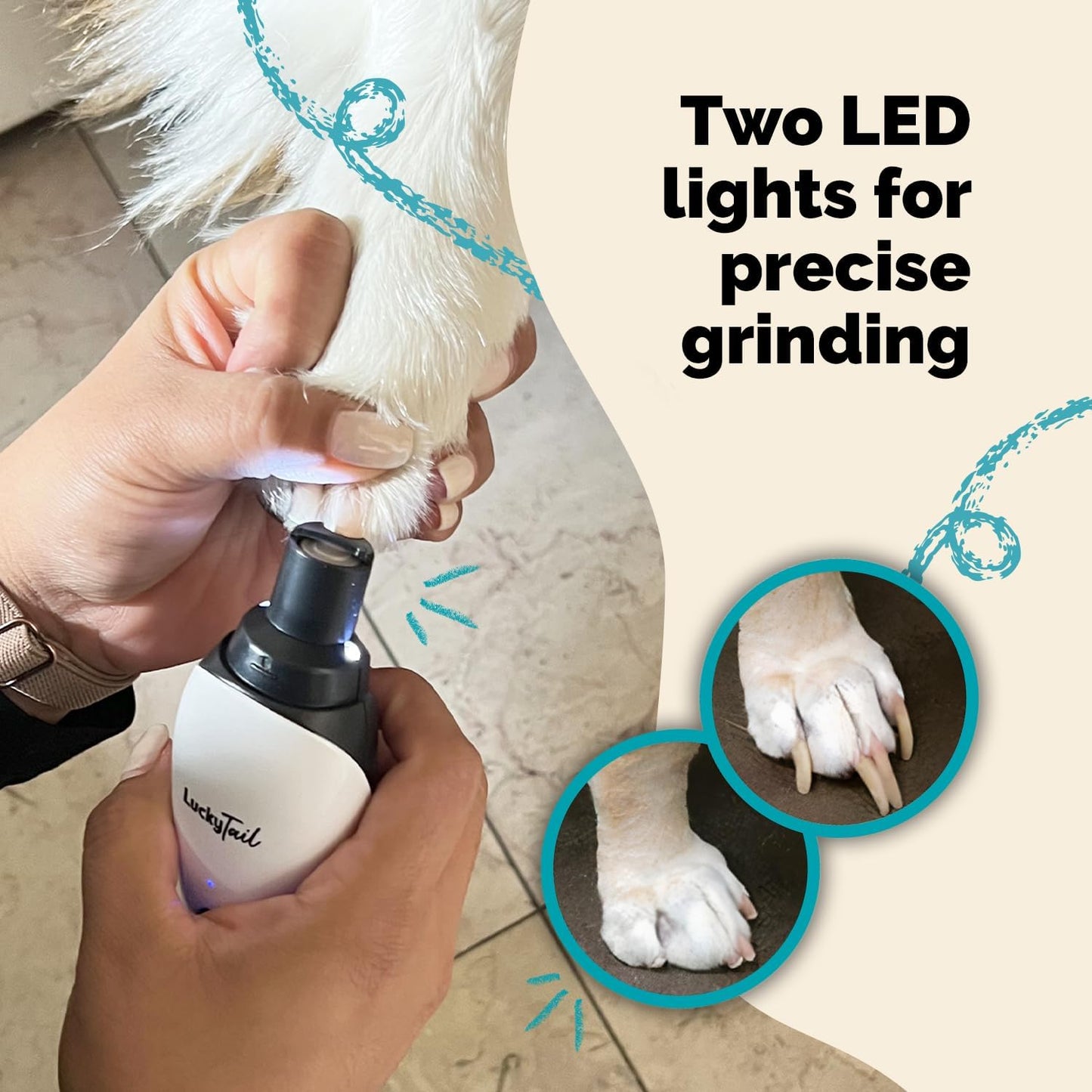 LuckyTail - Dog Nail Grinder - Small & Large Dogs - Silent Operation (30 - 50 dB) - Powerful 2-Speed Motor (8,000 & 10,000 RPM) - LED Light - Rechargeable - Pet Grooming Kit - Dog Nail Trimmers