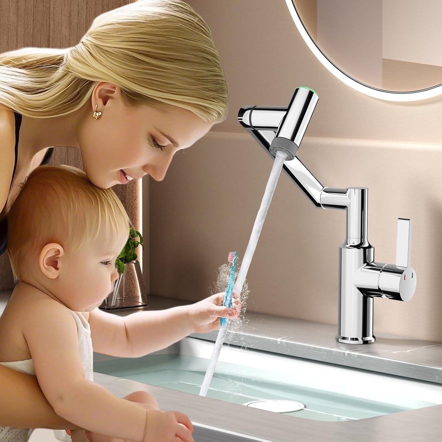 EAARSUO Single Hole Rotatable Bathroom Faucet with Temperature Display, Single Handle Modern Rotating Bathroom Sink Faucet 1 Hole, 1080 Degree Swivel Faucet with 2 Water Outlet Modes (Black)