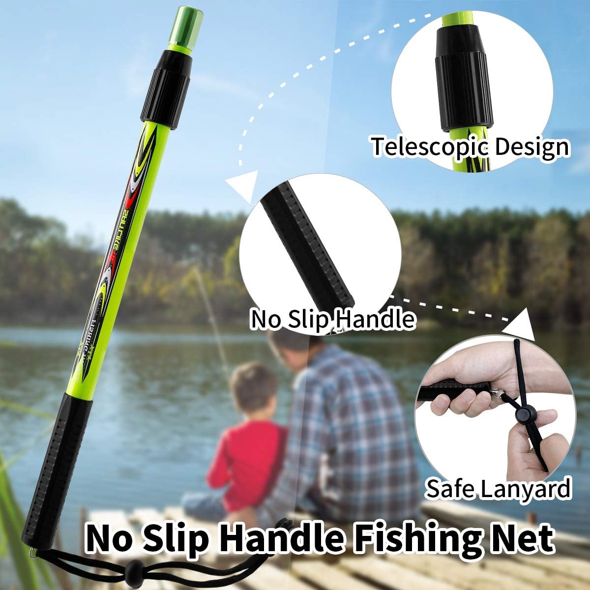SAN LIKE Fishing Net Telescopic Landing Nets Folding Rubber Fish Net Rubber Coated Landing Net with Adjustable Sturdy Pole Handle for Saltwater Freshwater Bass Trout Fishing Easy Catch & Release