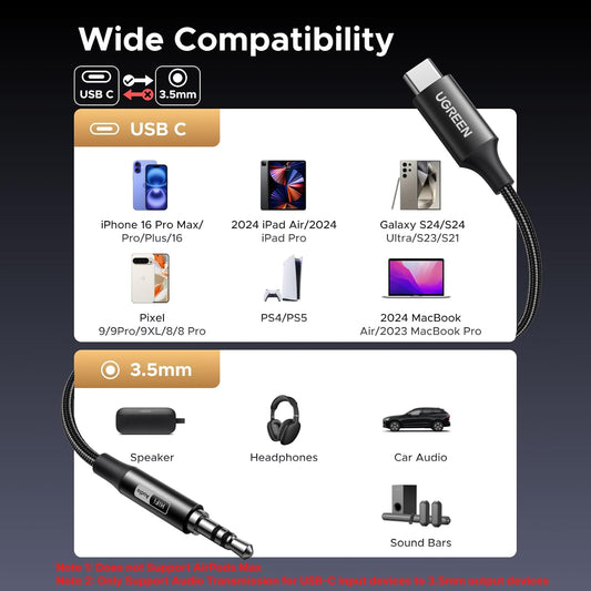 UGREEN Aux to USB C, Type C to 3.5mm Audio Aux Jack Cable 384khz/32bit Hi-Fi Car Stereo Cord Compatible with iPhone 16 15 Pro Max/15 Pro/15 Plus, Galaxy S25 S24 Ultra Pixel 9 iPad, Black, 3.3FT - PuriLite