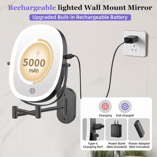 FUNTOUCH 5000mAh Rechargeable Wall Mounted Makeup Mirror, Double Sided Touch Switch 20X/1X Rectangle Wall Mounted Magnifying Mirror with Light, 3 Color Setting, Extended Arm 360°Swivel Foldable,Black