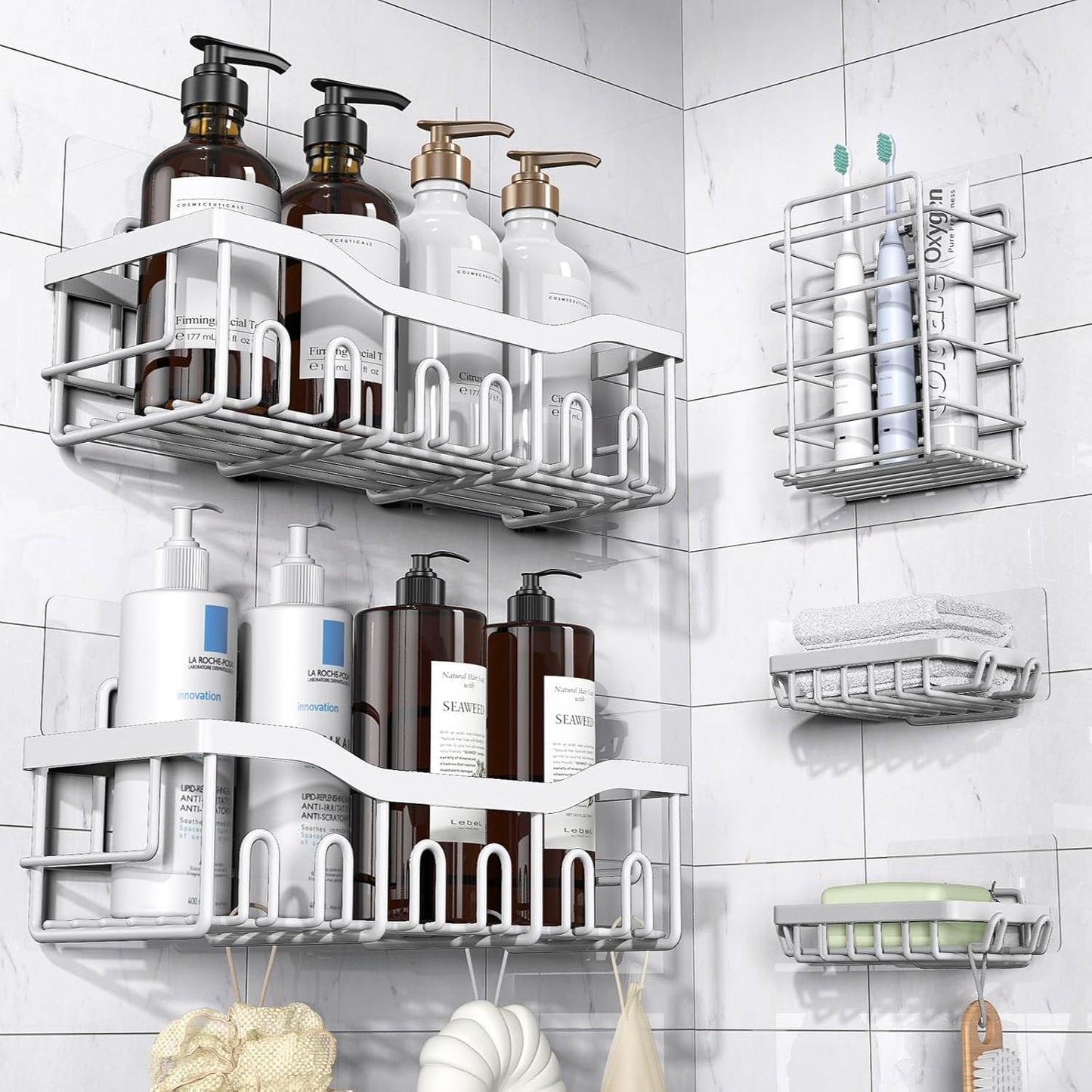 EUDELE 5-Pack Rustproof Stainless Steel Shower Caddy – No Drill Adhesive Bathroom Organizer with Large Capacity, Spacious Shower Shelves for Inside Shower, Kitchen & Home Decor Storage - PuriLite