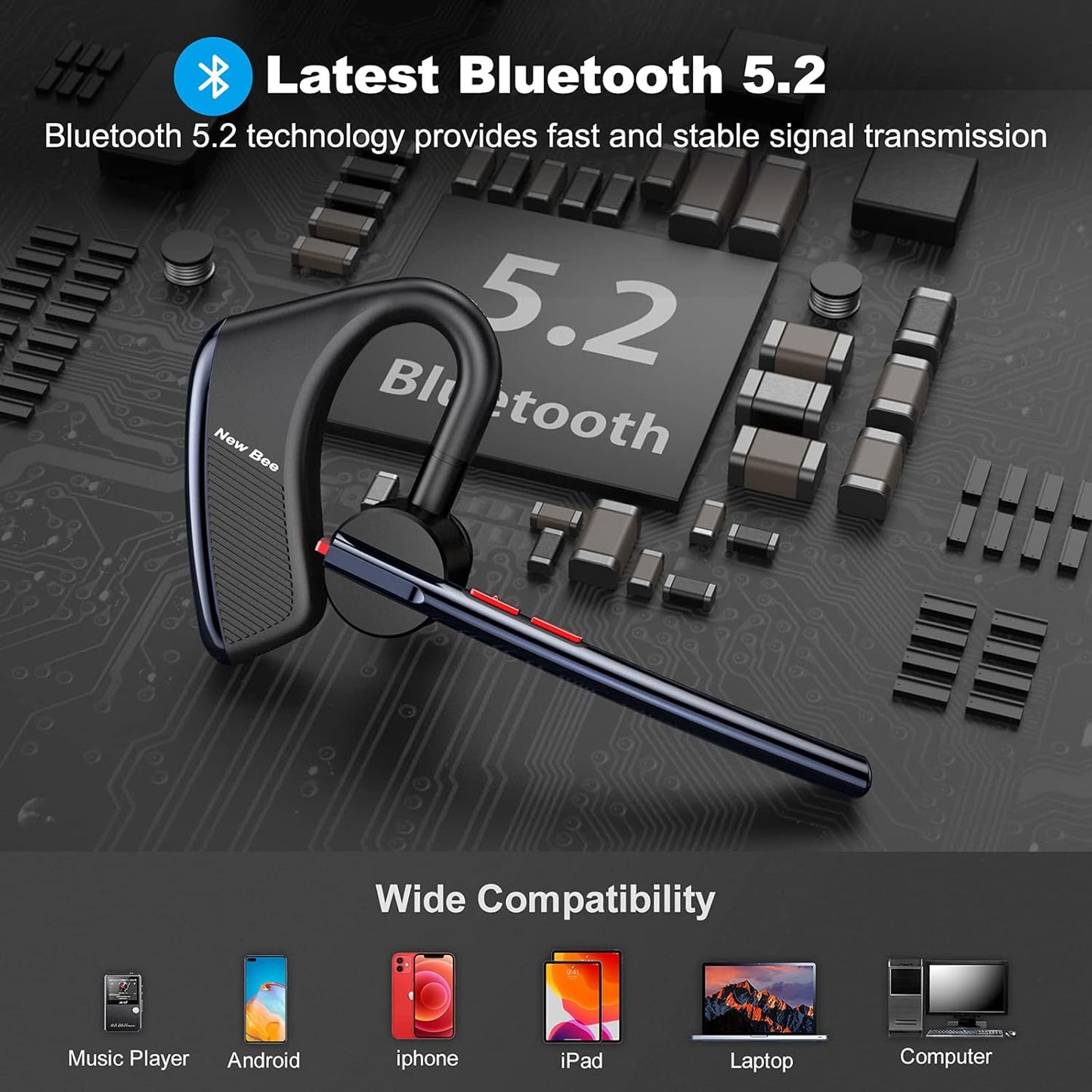 Bluetooth Headset V5.2 New Bee Bluetooth Earpiece CVC8.0 Dual Mic Noise Cancelling Wireless Handsfree 24Hrs Talktime Driving Headset with Mic Mute for iPhone Android Smartphone Business Office