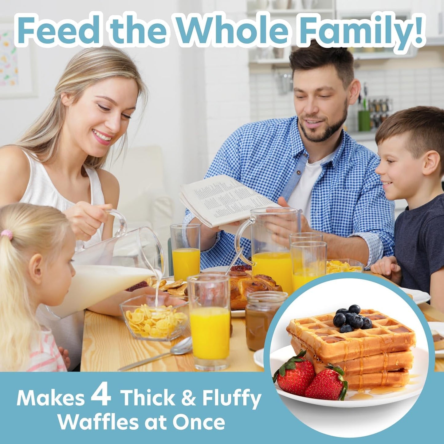 CucinaPro Four Square Belgian Waffle Maker, Extra Large Stainless Steel Kitchen Appliance w Nonstick Waffler Iron Plates Makes 4 Fluffy Waffles, Great Griddle for Family Breakfast or Housewarming Gift