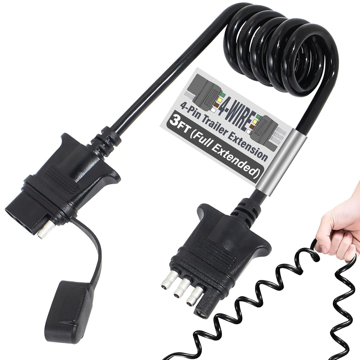 MECMO 3ft 4-Pin Flat Trailer Extension Coiled Cable 4 Pin Male and Female Wiring Harness Adapter, Trailer Wire Extension 4-Way Vehicle-Side and Trailer-Side 4 Prong Connector Extender Cord 3 Feet 36'' - PuriLite