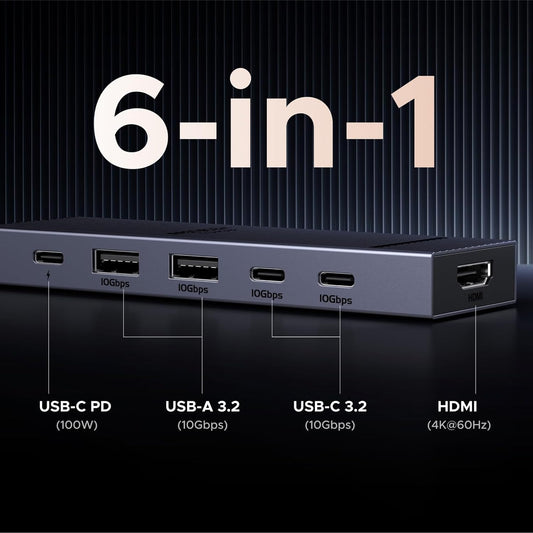 UGREEN Revodok Pro 106, USB C Hub 6 in 1 with 4K 60Hz HDMI, 10Gbps USB-C 3.2 & USB-A 3.2, 100W Power Delivery, Aluminum Case, Compatible with MacBook Pro/Air, iPad Pro, Thinkpad and More - PuriLite
