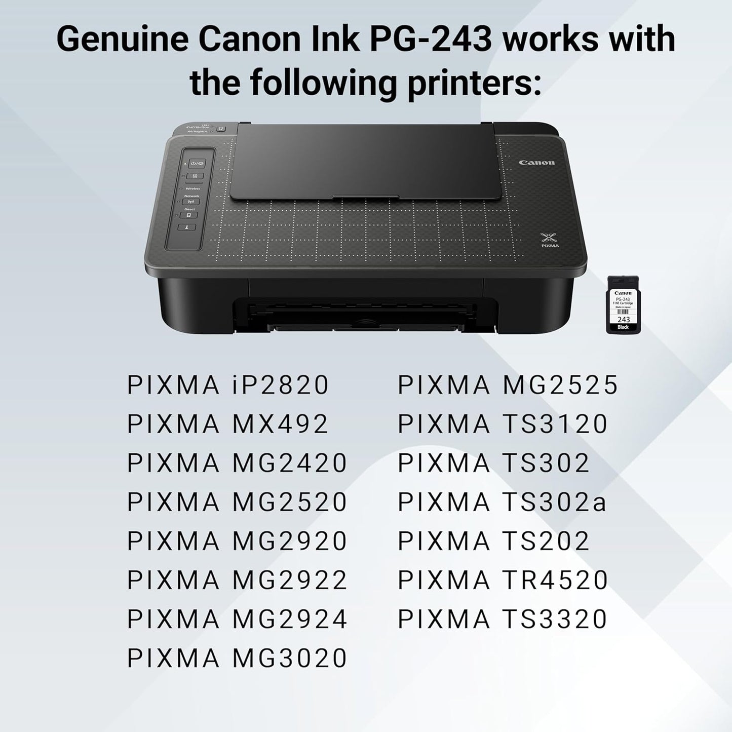 Canon PG-243 Black Ink Cartridge Compatible to printer iP2820 MX492, MG2420, MG2520, MG2920, MG2922, MG2924 MG3020, MG2525, TS3120, TS302, TS202 and TR4520