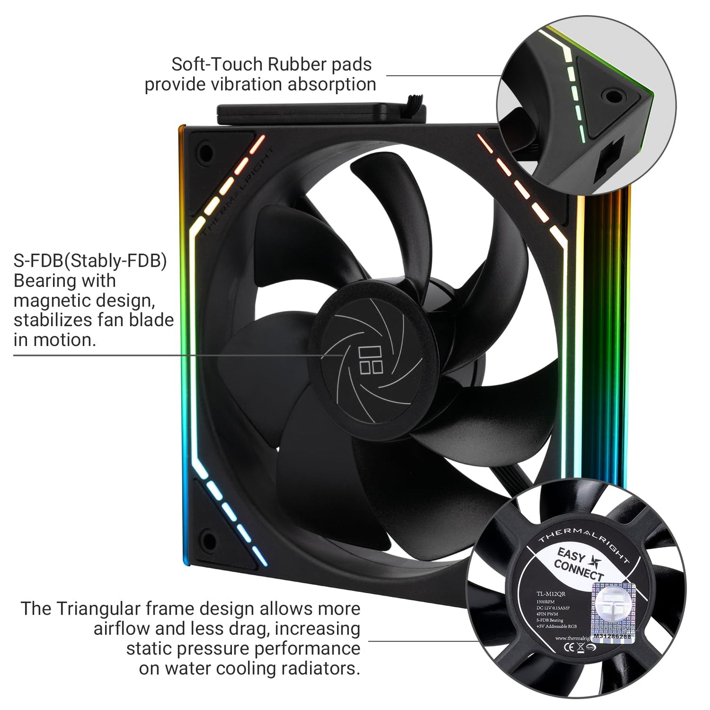 Thermalright TL-M12QR X3 Case Fan, CPU Cooler Comes with ARGB Mirror Light Effect,PC PWM Silent Cooling with 1500RPM Speed,Reverse CPU Cooler Fan (120mm, Black)