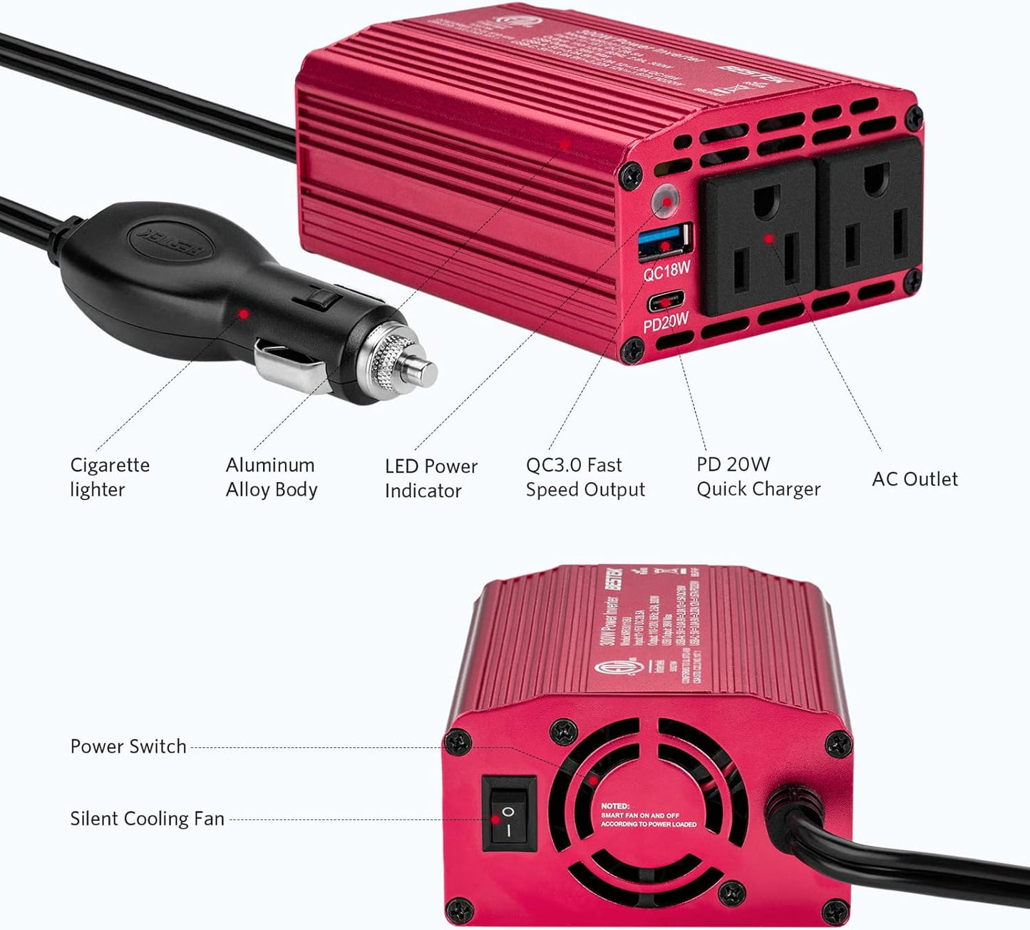 BESTEK 300W Car Power Inverter with 20W PD USB C and QC3.0 Quick Charging, DC 12V to 110V AC Car Plug Adapter Outlet Converter Multi-Protection Car Charger Power Inverter for Laptop Computer