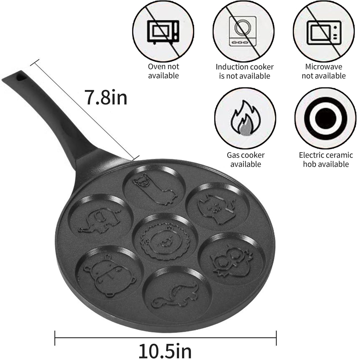 Pancake Pan with 7 Animal Shapes- 10 Inch Grill Pan Non-Stick Griddle 7 Cavity Mini Pancake Maker for Baking Cake Pancke, Brunch, Parties, Birthdays