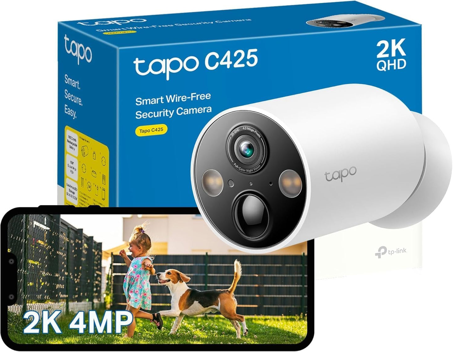 TP-Link Tapo SolarCam 2K, Outdoor Battery Camera w/Solar Panel Base, Wireless Camera, 2K QHD, 150° Super-Wide FOV, Free Person/Vehicle/Pet Detection, SD/Cloud Storage, Starlight Color Night Vision