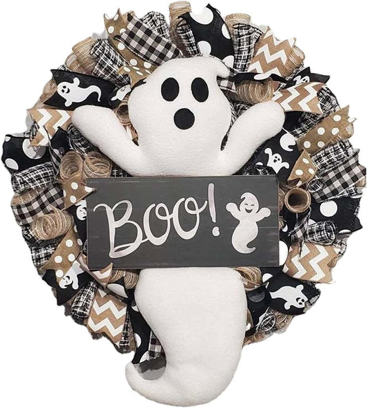 Dysetcs 15.7in Halloween Wreath for Front Door Cute Handmade Halloween Ghost Wreath Artificial Halloween Wreath for Front Door Window Wall Halloween Hanging Decoration,Black