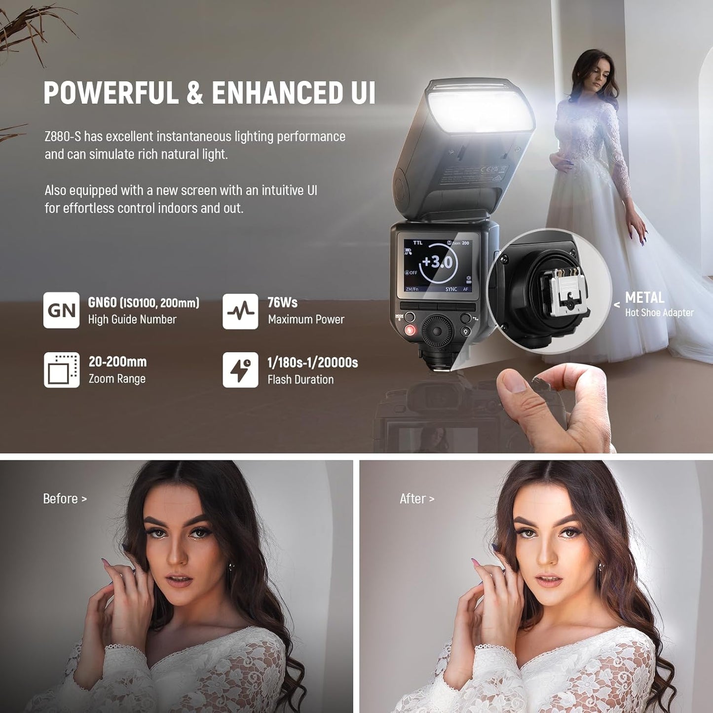 NEEWER Z880-C 2.4G 76Ws TTL Camera Flash Speedlite Compatible with Canon, Upgraded UI, Adjustable Modeling Lamp, TTL/M Quick Switch TCM Key, 1/8000s HSS 7.4V/2600mAh Battery 480 Full Power Flash