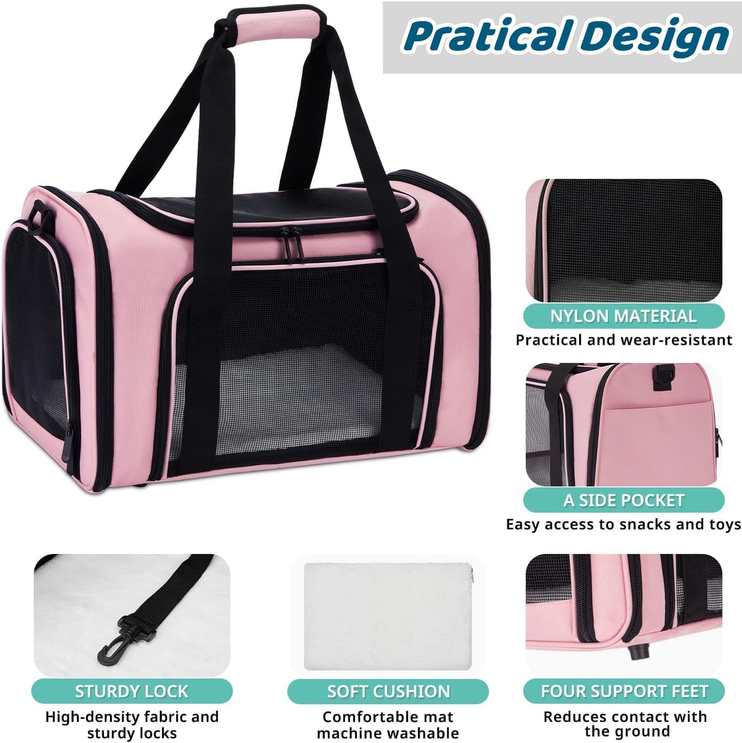 ORYEDA Cat Carrier Bag, Dog Travel Carriers, Airline Approved Soft-Sided Pet Carrier for Small Medium Cats and Small Dogs, Portable Carrier with 4 Open Doors and 3 Mesh Windows, Grey, Collapsible