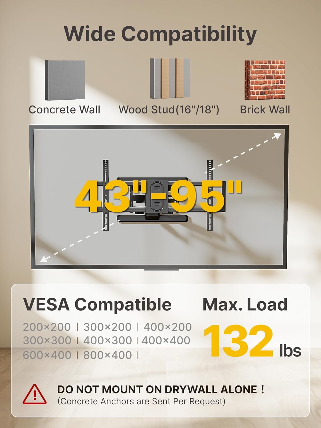 monTEK Long Arm TV Wall Mount for Most 43-90 Inch TVs, 42.5 Inch Long Extension TV Mount Swivel and Tilt, Full Motion Wall Mount TV Bracket Fit Max VESA 800 x 400mm, Up to 132 lbs, 16”,18” Studs