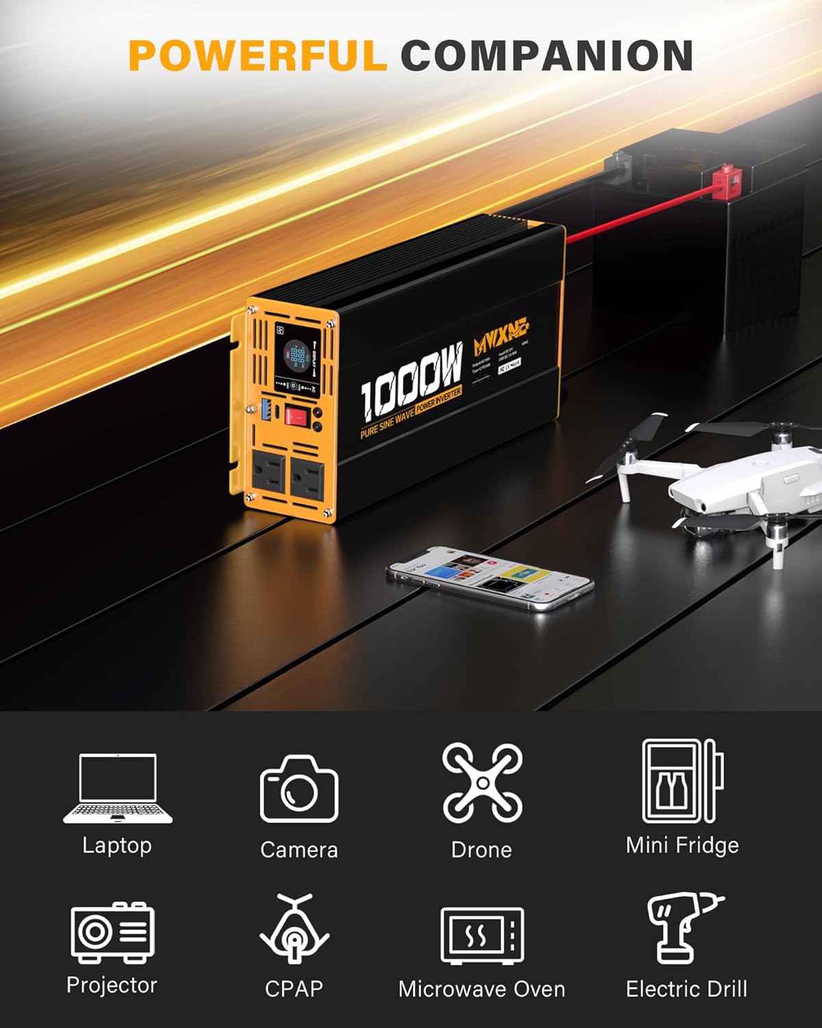 MWXNE 2000W Pure Sine Wave Inverter 12V DC to 110V 120V AC Car Converter for RV Truck Off-Grid Solar Power Inverter with 4 AC Outlets, USB/Type-C Fast Charging Ports, LCD Display, Remote Control