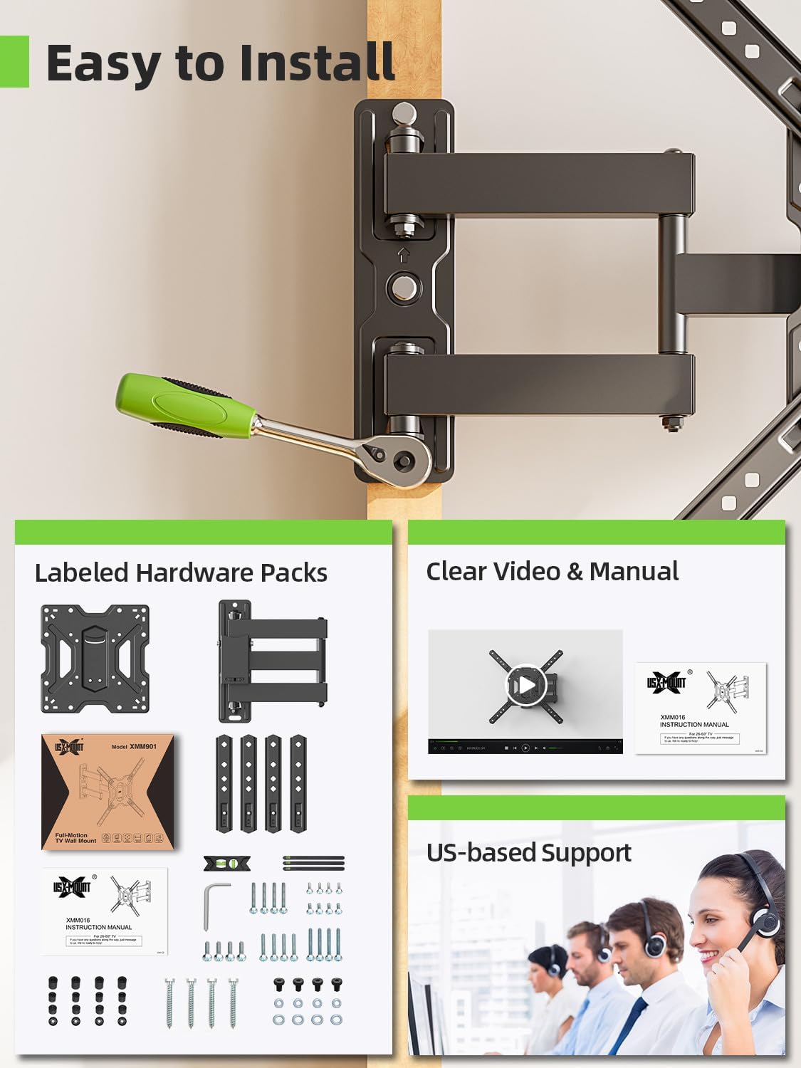 USX MOUNT Full Motion TV Wall Mount for Most 26-60 inch TV, Universal TV Mount Bracket Tilt Swivel Articulating Support TV up to 77 lbs, Max VESA 400x400mm, Perfect Center Design