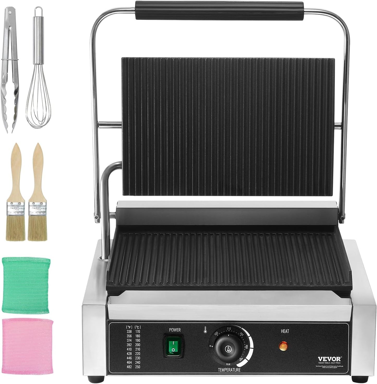 VEVOR 7 IN 1 Electric Contact Grill,1800W Indoor Panini Press Griddle,Stainless Steel Teppanyaki Grill with Nonstick&Removable Iron Plate, 0-446℉ Adjustable Temp Control,LCD Display,110V