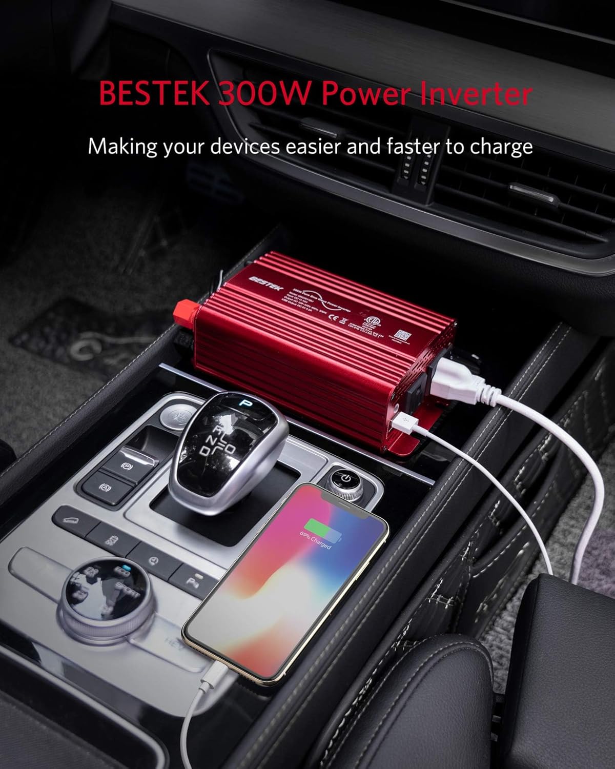 BESTEK 300Watt Pure Sine Wave Power Inverter - DC 12V to AC 110V Car Plug Inverter Adapter, Power Converter with 4.8A Dual USB Charging Ports and 2 AC Outlets Car Charger