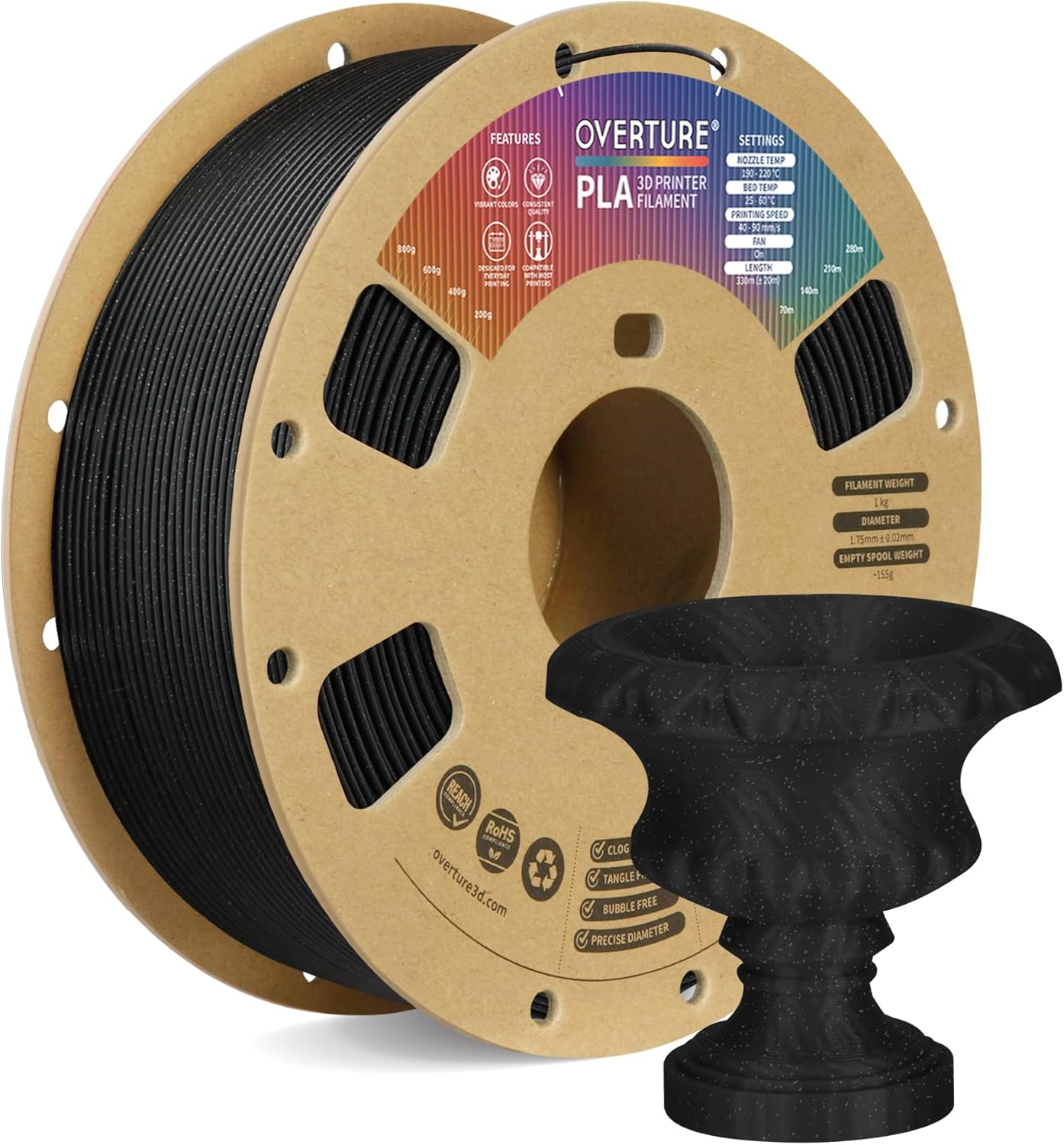 OVERTURE PLA Filament 1.75mm PLA 3D Printer Filament, 1kg Cardboard Spool (2.2lbs), Dimensional Accuracy +/- 0.02mm, Fit Most FDM Printer (Black 1-Pack)