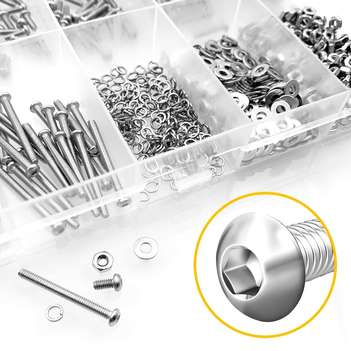 Mywish 900Pcs Metric Screw Assortment, M3 M4 M5 M6 Screw Assortment Kit 304 Stainless Steel Hex Socket Button Head Socket Cap Metric Screws Bolts & Flat Washers/Nuts/Hex Wrenches 16 Sizes 8MM to 20MM