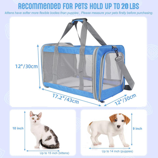 Pet Carrier for Large Cats of 20 Lbs, Collapsible Carrier Bag for Big Cat or 2 Kittens,Soft Sided Puppy Carrier with Sturdy Travel Transport Strap, Adequate Ventilation, 4 Mesh Windows (Blue) - PuriLite