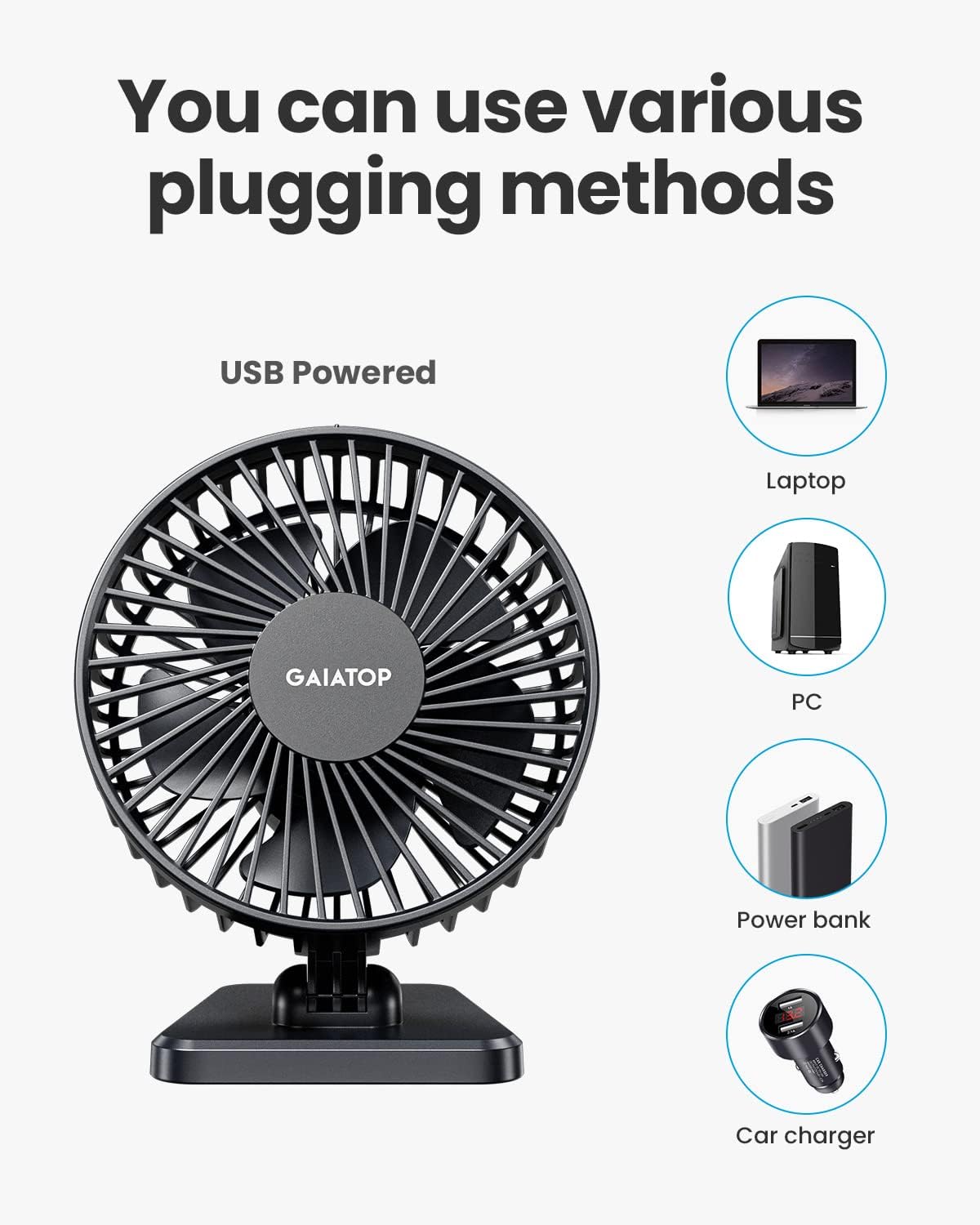 Gaiatop USB Desk Fan – Small Powerful Personal Desktop Fan with 3 Speeds, Quiet Operation & Adjustable Tilt - PuriLite