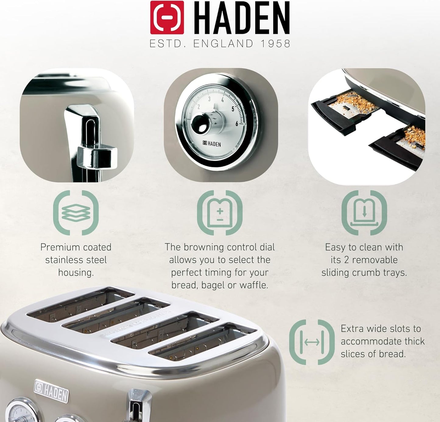 Haden Dorset 75083 Stainless Steel 1500W Retro Toaster 4 Slice Wide Slot w/Removable Crumb Tray and Settings, Black/Copper Toasters w/Adjustable Browning Control, Smart Toaster