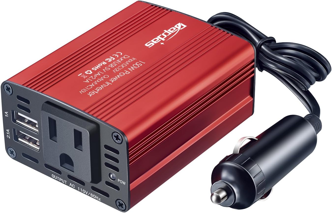 Bapdas 150W Car Power Inverter with 1 DC 12V to 110V AC Outlet Converter and 2 USB Ports Auto Charger Adapter for Laptops and Smartphones-Black