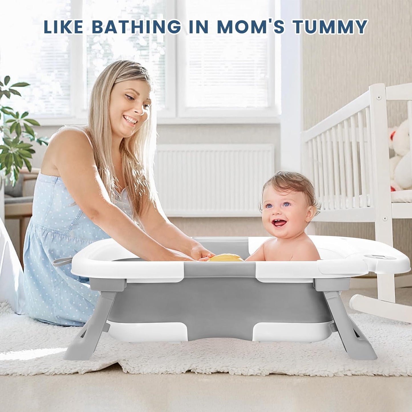 Baby Bathtub, Newborns Bath Essentials, Portable Bath tub For Infant 0-24 Months,Baby Shower Gifts With Soft Cushion,Temperature Sensor and Tray