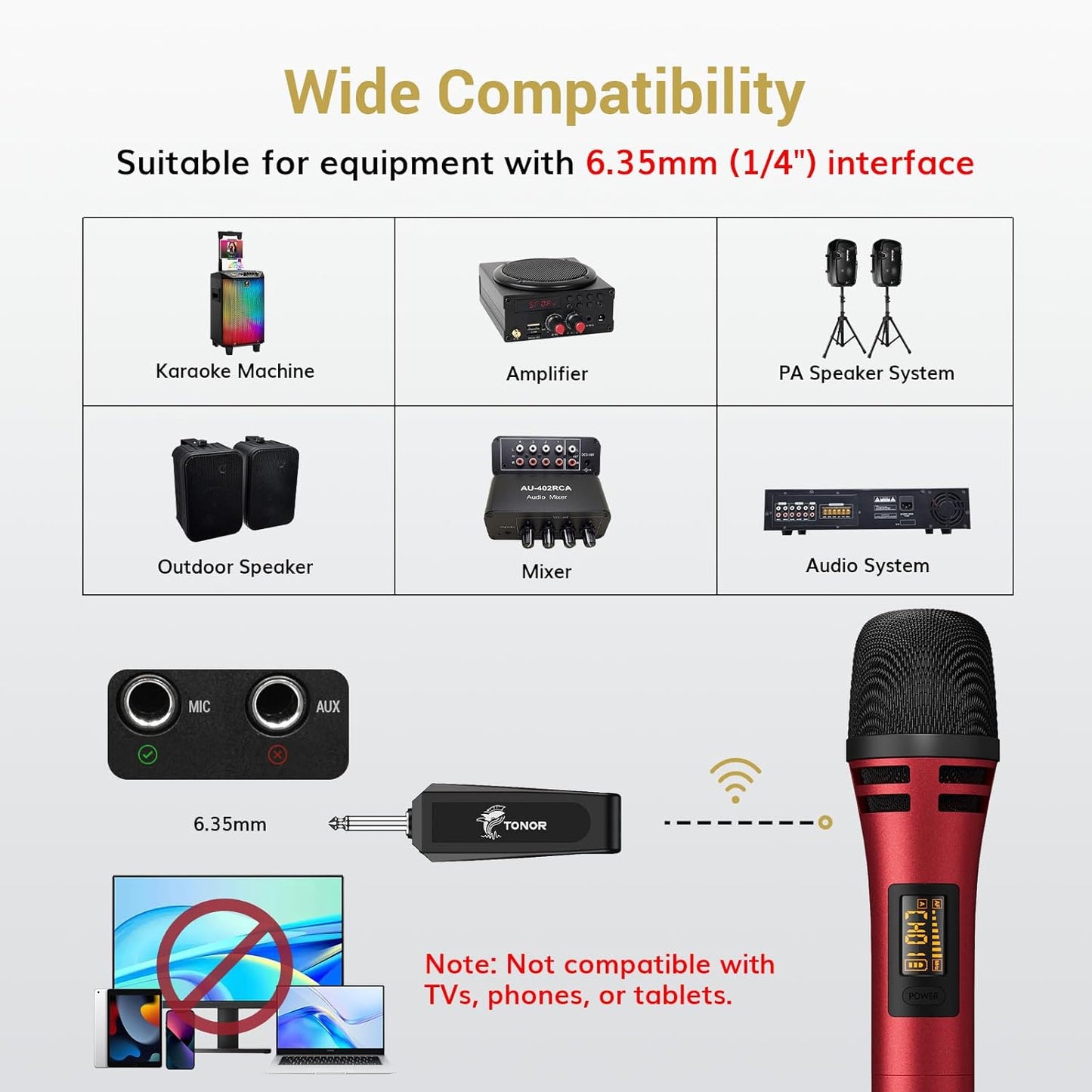 TONOR Wireless Microphones, UHF Dual Karaoke Microphone System, Microfonos Inalambricos with Rechargeable Receiver, Cordless Dynamic Mic for Singing, Wedding, DJ, Party, Speech TW320 Grey