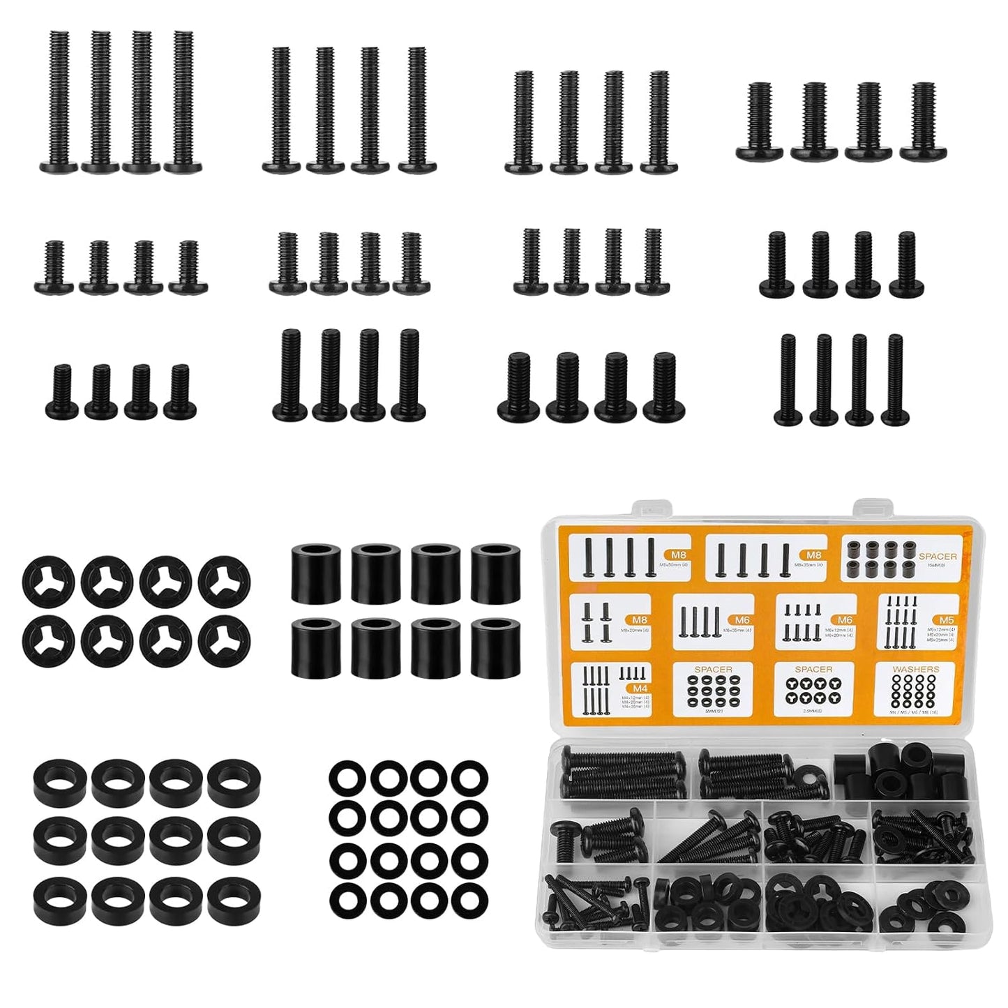 Universal TV Mounting Hardware Screw Kit Set - M4 M5 M6 M8 Screws,Spacers and Washers for Most TV/Monitor VESA Mount, TV Mount Replacement Screws with Box up to 80 inch(Black)