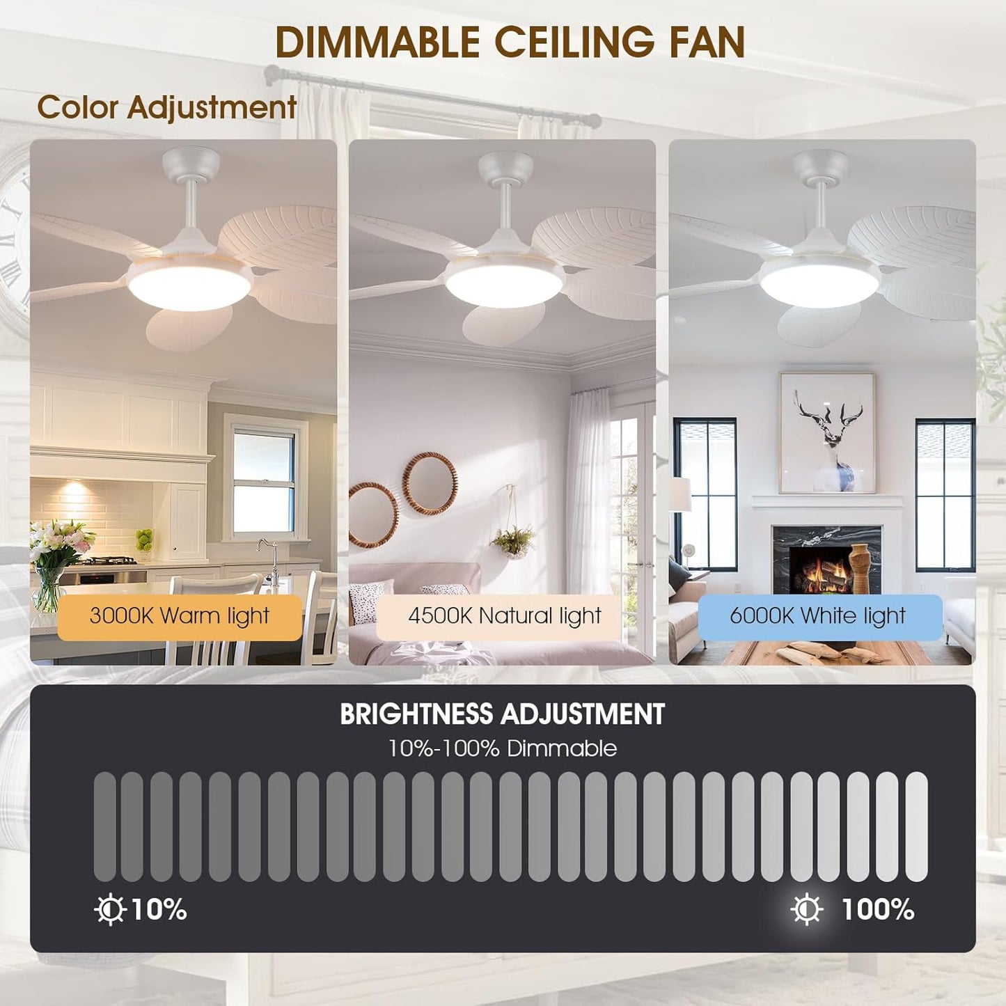Wiviniya Ceiling Fans with Lights and Remote/APP Control, 44 Inch Tropical Palm Leaf Ceiling Fan with LED Lights, Outdoor Ceiling Fans for Patios Porch, Reversible Quiet Motor, Dimmable, Light Brown